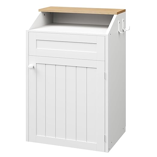 YATINEY Trash Cabinet, Freestanding Trash Can Cabinet, Wooden Recycling with Flip Door, 13 Gallon Hidden Kitchen Garbage Can for Kitchen, Living Room, White WB13WT