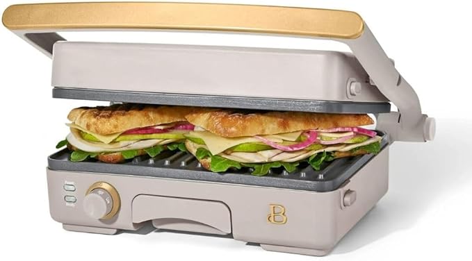 Panini Press Indoor Grill 1 2-in-1200W Non-Stick Removable Plates Sandwich Maker by Drew Barrymoree. (Porcini Taupe)