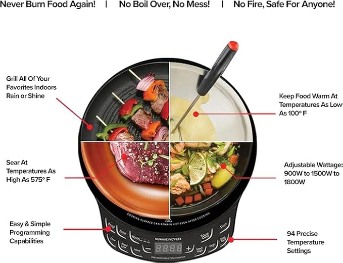 Nuwave PIC Flex Induction Cooktop, 45 Temps 100°F-500°F, 600-1300W, 6.5" Coil, for Dorms/RVs/Hotels, with 4Qt Ceramic Pan