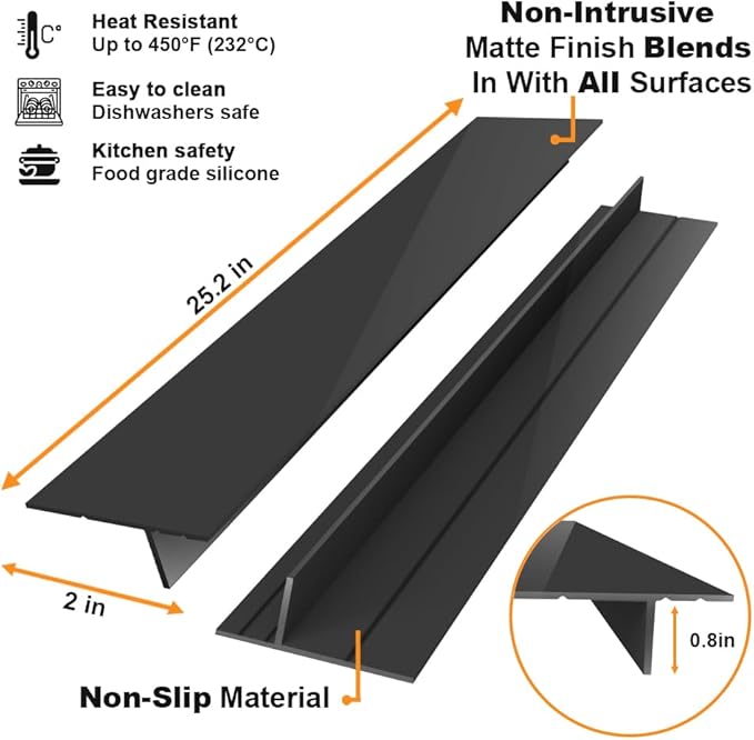 Foldable Stove Gap Filler Kitchen Counter Range Guards 25inch,Silicone Stove Gap Covers Electric Stoves Gap Filler Oven Side Sealing Strip Between Countertop and Stovetop Pack 2 (Black)