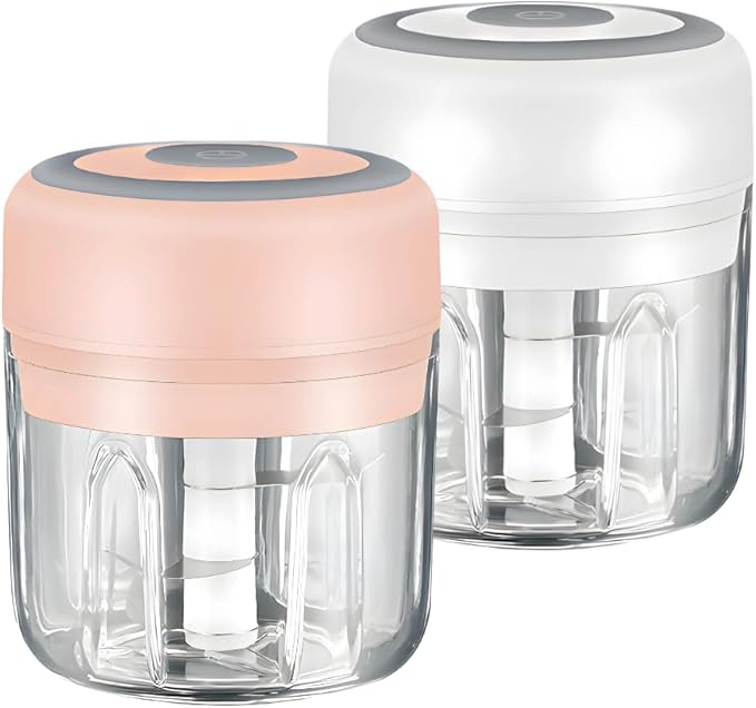 PINK & WHITE - Mini Electric Food Processor and Garlic Chopper - 250ML, USB Charging, 3 Blades - Perfect for Chopping Vegetable, Pepper, Onion, Garlic, Ginger, Spice, Meat, Baby Food, & More (Bundle)