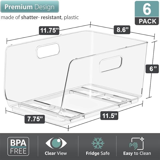 Sorbus Stackable Storage Bins Open Front, Clear Stackable Storage Bins, Pantry Bins for Storage and Organization, Acrylic Stackable Bins for Kitchen, Clear Pantry Organizer Bins (Medium 6 Pack)