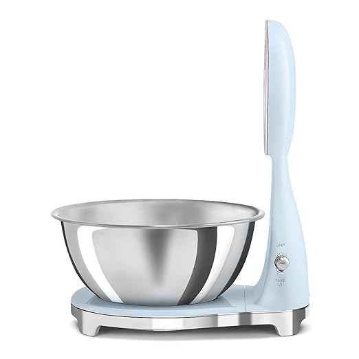 SMEG Retro-Style Analog & Digital Kitchen Scale, 11 lb Capacity, Rechargeable Battery, Backlit LCD Display, Stainless Steel Bowl (Pastel Blue)