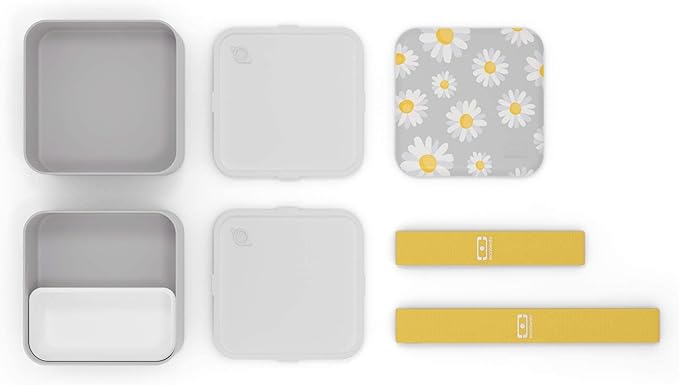 monbento - Large Bento Lunch Box MB Square Daisy with 2 Compartments - 57 oz -3 Leakproof Lunch Box for Work/Picnic/Meal Prep - BPA Free - Microwave & Dishwasher Safe - Flowers Pattern - Grey