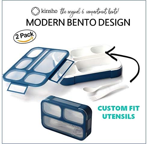 kinsho Bento Lunch-Box Set for Kids Includes Snack Container | 6 and 3 Compartment Boxes Leakproof School Bentos, Meal Portion Control Containers, Boys Girls Adults, Navy Blue Large + MINI 2 Pack Set