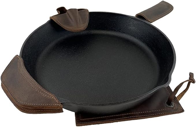 Hide & Drink, Set of 4 Hot Handle Holders, Panhandle, Side Kick, Grip Mitt & Square Pot Holder for Cast Iron Skillets & Pans, Full Grain Leather, Handmade, Bourbon Brown
