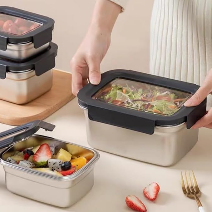 BEFOY Stainless Steel Food Storage Containers with Lids Airtight Bento Lunch Box for Kitchen Leak Proof Meal Prep Stackable Set of 3(450/1100/2500)