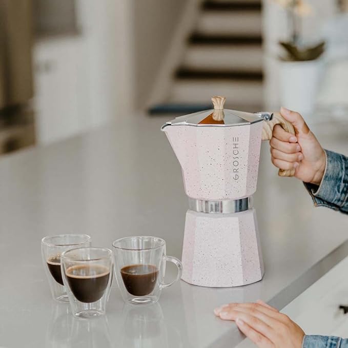 GROSCHE Milano Moka pot, Stovetop Espresso maker, Greca Coffee Maker, Stovetop coffee maker and espresso maker percolator (Pink, 6 cup)