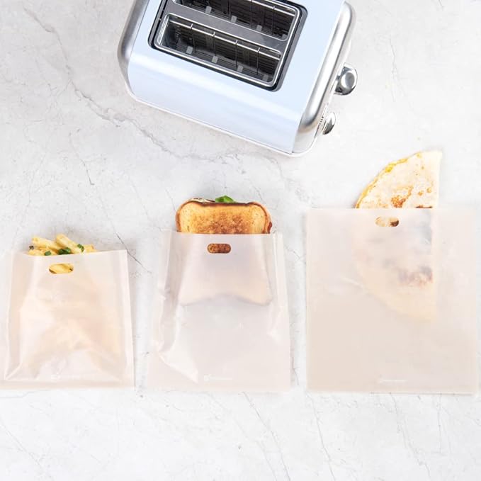 Bag Tek Toaster Bag Set, 6 Non-Stick Toaster Sandwich Bag Set - Multipurpose, Kraft Plastic Toaster Sleeve Set, Semi-Disposable, Includes 3 Sizes - Restaurantware