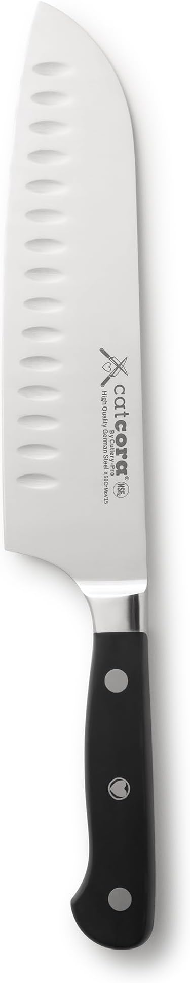 Cutlery-Pro Cat Cora Forged Granton Santoku Knife, Professional 7-Inch German Steel Blade For Slicing Meat Without Sticking, Ergonomic Triple-Rivet Handle, NSF-Certified Kitchen Knife