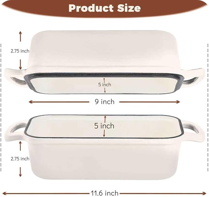 Cast Iron Bread Loaf Pan with Lid, Loaf Pans for Baking Bread 9x5, Enameled Bread Pans for Homemade Bread, Sourdough, Set of 2 (Cream White)