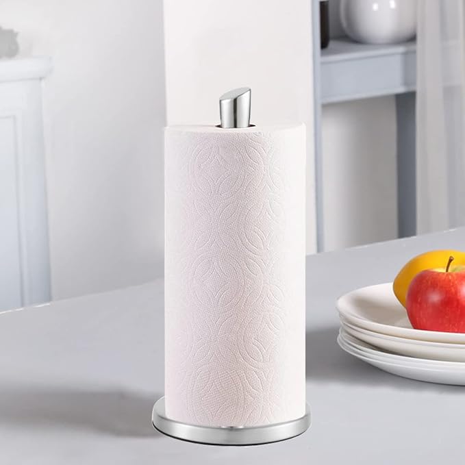 Paper Towel Holder countertop, Free-Standing Kitchen roll Holder for Kitchen Bathroom, Paper Towel Holder Stand Dispenser with Stainless Base Fits Standard (Silver)