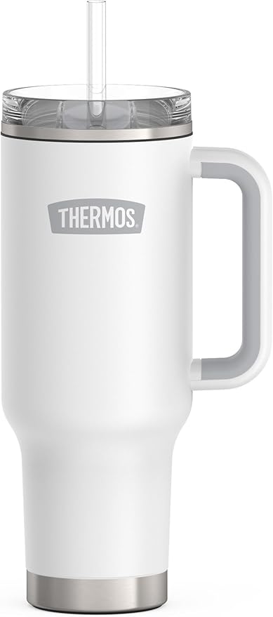 THERMOS 40 oz Stainless Steel Cupholder Mug w/Straw - White