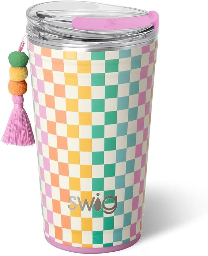 Swig Life 24oz Party Cup, Stackable Insulated Travel Coffee Tumbler with EZ Slider Lid, Cup Holder Friendly, Stainless Steel 24 oz Tumbler, Reusable Coffee Mug (Check Mate)
