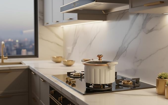 Non-Stick Enamel Pressure Cooker with Push Pull Lock, Silicone Seal, Spill-Proof Valve,ivory