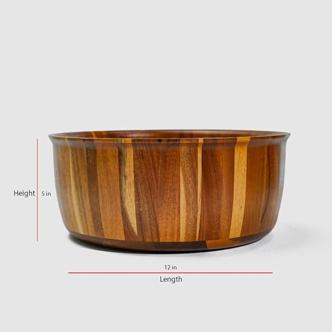 Extra Large Wooden Salad Bowl - 12“ x 5” Acacia Wood Serving bowl with 2 servers, Large Fruit bowl for food with serving utensils, Housewarming Wedding Christmas Gift