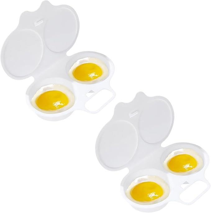 2 Pcs White Egg Poacher, Microwave Egg Boiler Poacher, 2 Cavity Nonstick Poached Egg Maker With Lid, Egg Poacher Microwave Egg Cooker, Double Drain Poached Egg Cups Cookware（13 * 5cm）