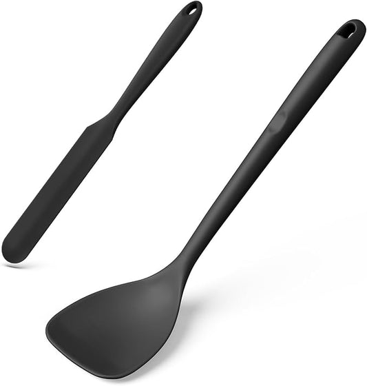 U-Taste 600ºF High Heat Skinny Silicone Jar Spatula and 600ºF Heat Resistant 13.76" Long, 3.63" Wide Wok Spatula for Kitchen Stir Fry (Black)