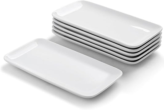 WishDeco Small Rectangle Plates Set of 6, White Serving Platters 9 inch, Ceramic Sushi Plates, Serving Plate for Appetizer, Dessert, Party, Microwave Safe