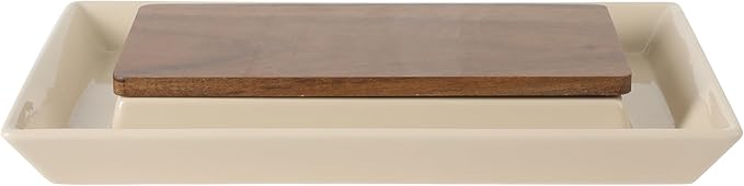 Gibson Elite 3-Section Stoneware Serving Tray with Acacia Lid – Taupe Rectangular Chip & Dip, Condiment, Snack and Appetizer Server for Parties & Entertaining