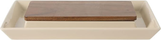 Gibson Elite 3-Section Stoneware Serving Tray with Acacia Lid – Taupe Rectangular Chip & Dip, Condiment, Snack and Appetizer Server for Parties & Entertaining