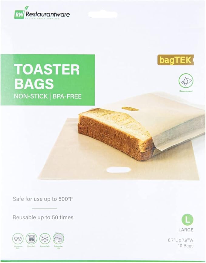Restaurantware Bag Tek 8.7 x 7.9 Inch Toaster Bags 10 Large Toaster Sandwich Bags - Multipurpose Non-Stick Kraft Plastic Toaster Sleeves Semi-Disposable