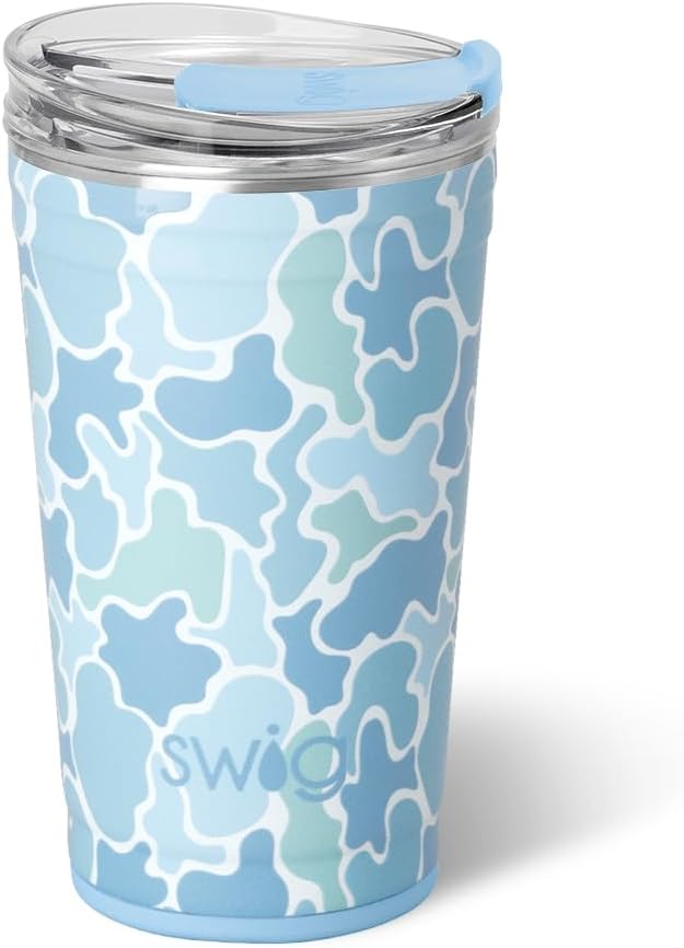 Swig Life 24oz Party Cup, Stackable Insulated Travel Coffee Tumbler with EZ Slider Lid, Cup Holder Friendly Travel, Stainless Steel 24 oz Tumbler, Reusable Mug (Saltwater Camo)
