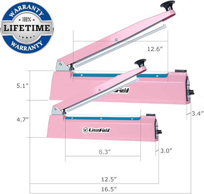 Sealer Pro, 12-inch Super Impulse Heat Bag Sealer, 7-mm Sealing System with Patent for Never Burn Out, Antioxidant Aluminium Shield, Copper Transformer, Built-in Fuse Safety System, Pink