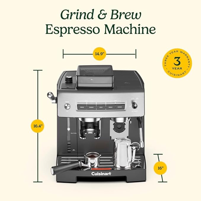 Cuisinart Espresso Bar Grind & Brew Espresso Machine, 16 Grind Settings from Fine to Coarse, Makes Hot or Cold Cafe-Quality Beverages at Home Including Cappuccino, Lattes and Cold Coffee, EM-640