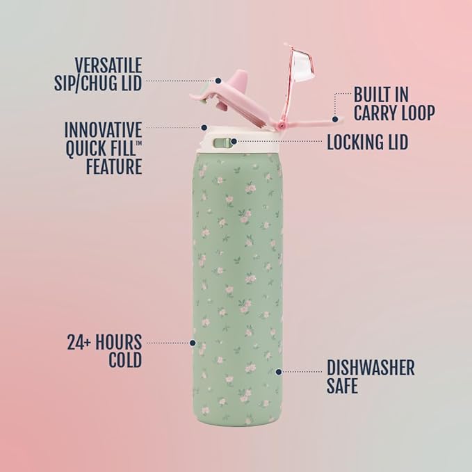 Ello Pop & Fill 22oz Stainless Steel Water Bottle with QuickFill Technology, Double Walled and Vacuum Insulated Metal, Leak Proof Locking Lid, Straw and Chug, Reusable, BPA Free, Full Bloom