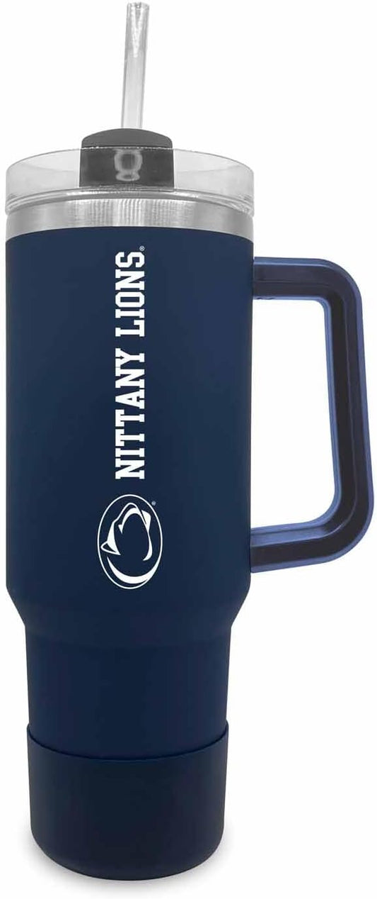 Campus Colors College & University 40 oz Travel Tumbler With Handle - Dual Option Lid With Straw - Vacuum Insulated Stainless Steel (Penn State Nittany Lions - Navy)