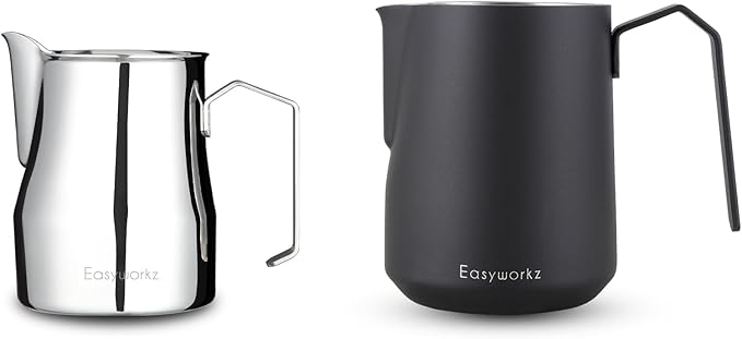 Easyworkz Espresso Steaming Pitcher Stainless Steel 12 oz Latte Art Cup (Sliver), Bundled with Easyworkz Espresso Steaming Pitcher Stainless Steel 20 oz (Black)
