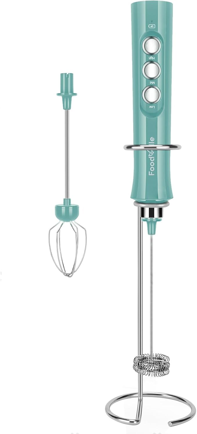 FoodVille MF02 Rechargeable Milk Frother Handheld Foam Maker with Stainless Whisk for Cappuccino, Latte, Bulletproof Coffee, Keto Diet, Protein Powder, Matcha (Turquoise Green)