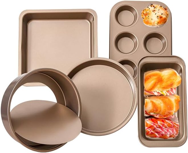Baking Pans Sets 5-Piece, UNOSCHRIM Nonstick Carbon Steel Bakeware Sets with Round Cake Pan, Round Pizza Pan, Cookie Sheet, Loaf and 6-Cup Muffin Pan, Reusable Baking Sets for Various Baking Scenes