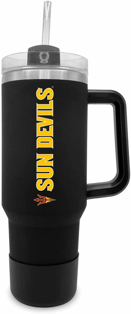 Campus Colors College & University 40 oz Travel Tumbler With Handle - Dual Option Lid With Straw - Vacuum Insulated Stainless Steel (Arizona State Sun Devils - Black)