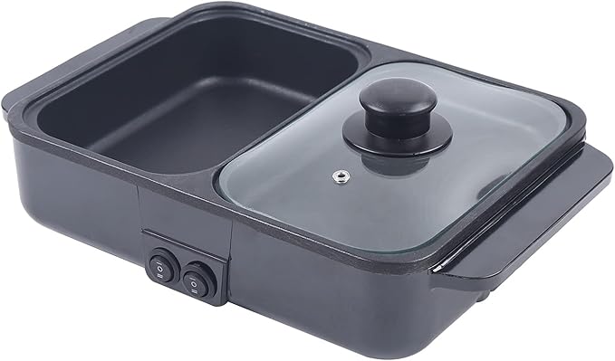 CNCEST 2 in 1 Portable Electric Hot Pot Barbecue Grill Non-Stick Teppanyaki Pan 110V Indoor Hotpot Grill Korean BBQ Combo (Black)