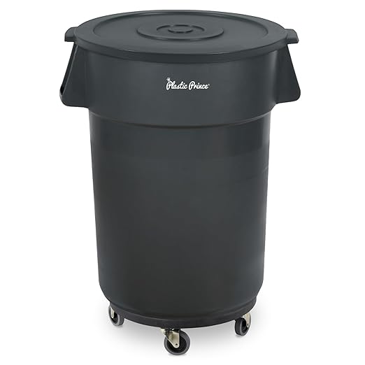 PLASTIC PRINCE 44 Gallon Round Trash Can with Lid and Dolly Gray Plastic Commercial Garbage Container for Home Garage Restaurants Warehouses - Bundle
