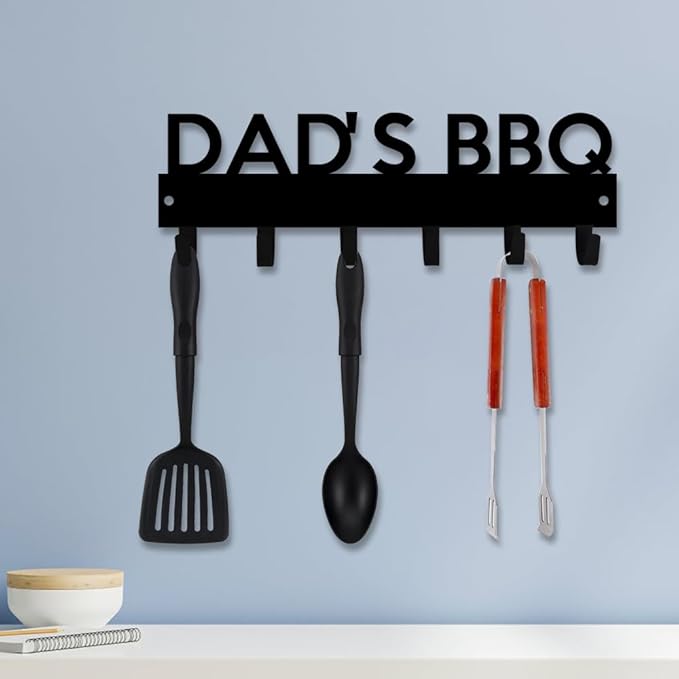 Personalized BBQ Cooking Utensils Wall Hooks Rack for Dad Custom Grilling Tool Organizer Barbecue Tool Metal Storage Holders Grill Cutlery Hanger Father's Day Utensils Hanging Hooks (Style 1)