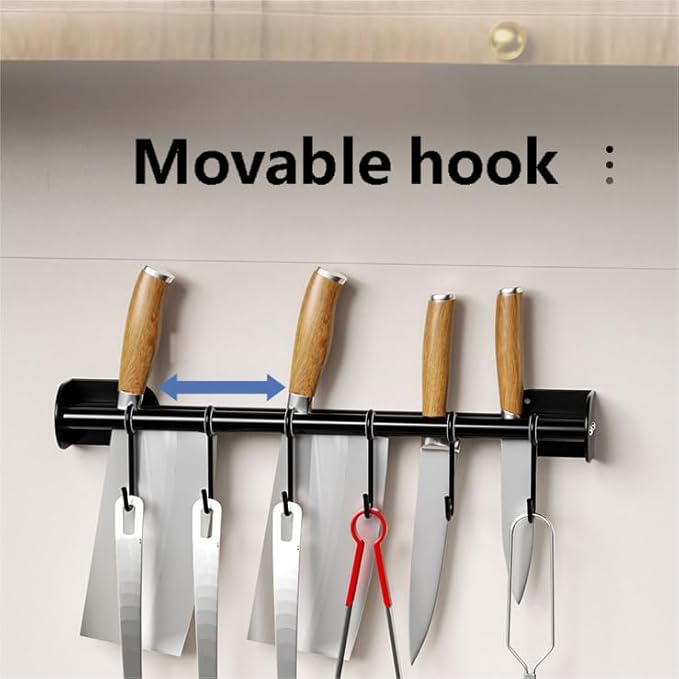 Modern Kitchen Utensil Rack, Black Wall-Mounted Hanging Rod with 6 Movable Hooks, 15.75 Inch Metal Storage Organizer