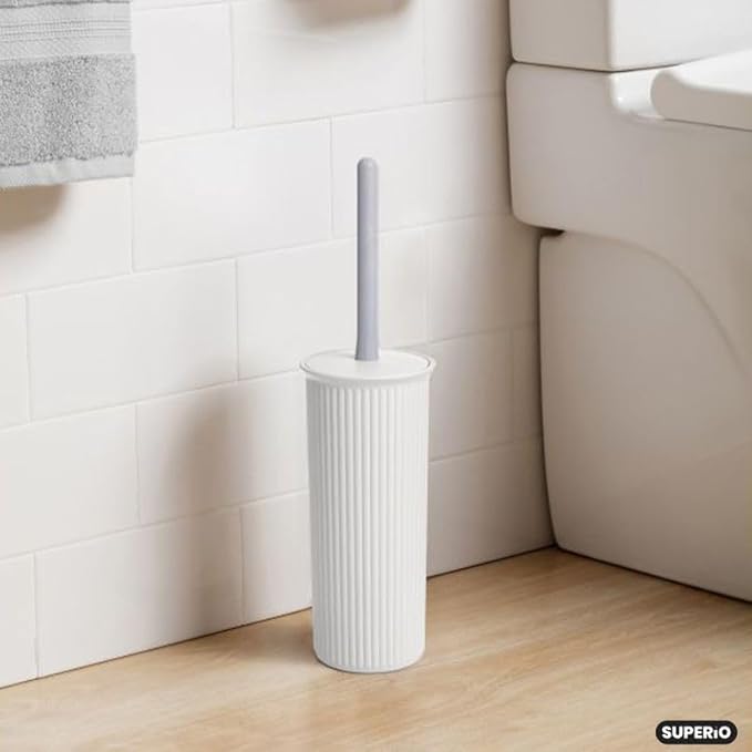Decorative Plastic Toilet Bowl Brush and Holder Set, White Smoke (2 Pack) Cleaner Scrubber for Bathroom - Ribbed Design