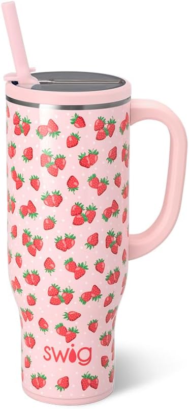 Swig Life 30oz Mega Mug, 30oz Tumbler with Handle and Straw, Large Insulated Tumblers, Cup Holder Friendly Travel Mug, Stainless Steel 30 oz Tumbler, Reusable Insulated Bottle (Strawberry Shortcake)