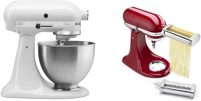 KitchenAid Classic Series 4.5 Quart Tilt-Head Stand Mixer K45SS, White & KSMPCA Pasta Cutter Attachment Set (2 Piece), One Size, Silver