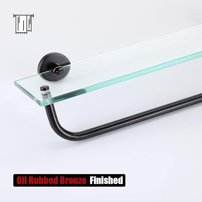 JQK Bathroom Glass Shelf Bronze, Shelf with 19 Inch Towel Bar Tempered Glass Shower Storage 20 by 5 inches, 304 Stainless Steel Oil Rubbed Bronze Wall Mount, TGS100L20-ORB