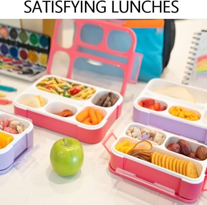 kinsho Lunch Boxes for Boys Teens Adults - Bento Box Set of 2 with Insulated Bag & Ice Pack, 6 Compartment Leak Proof Container, BPA-Free, Microwave Safe, Ideal for School & Work, Pink & Purple
