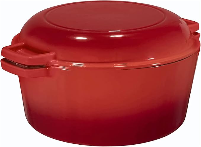 Bruntmor 2-in-1 Pre-Seasoned Cast Iron Dutch Oven with Skillet Lid - 5 Qt Round Cast Iron Pot for Bread, Casserole, Braising - Heavy Duty Enamel Cookware Set, Double Dutch Oven - 13.5 x 7-Inch, Black