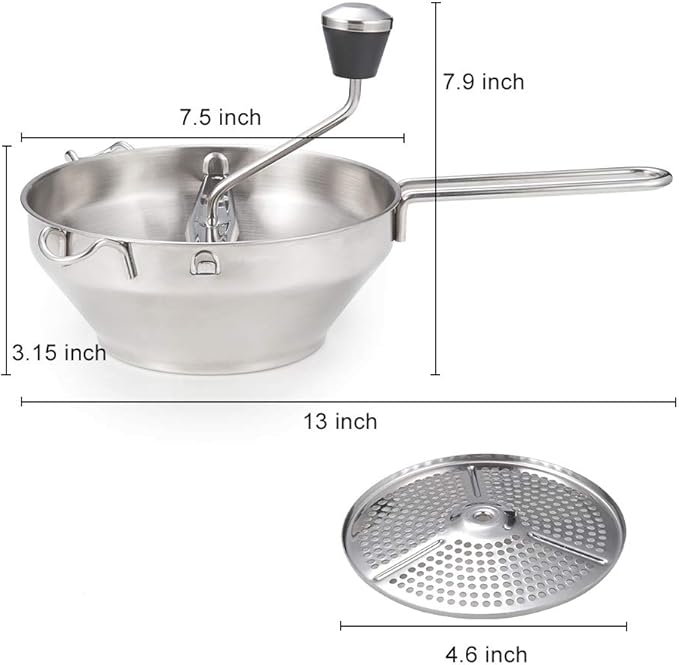 Rotary Food Mill Potato Ricer with 3 Interchangeable Disks, Great for Making Puree or Soups of Vegetables, Baby Foods, Stainless Steel 2 Quart Kitchen Mills, Easy Clean and Assemble, Manual Operati