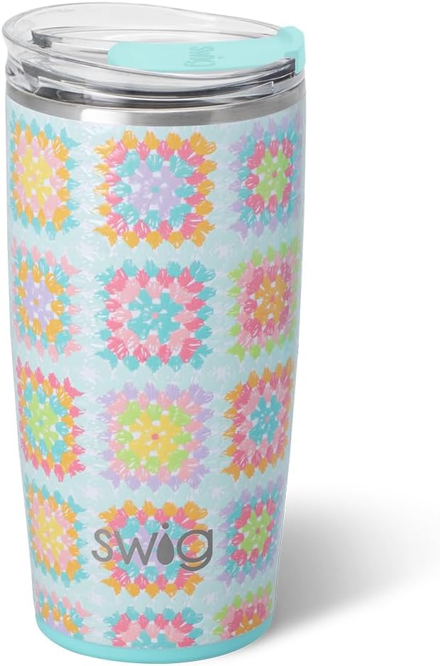 Swig Life 22oz Insulated Tumbler, Travel Coffee Tumbler with Lid, Cup Holder Friendly Travel Coffee Mug, Stainless Steel, 22 oz Tumblers, Reusable Insulated Mug with Lid (Granny Squares)