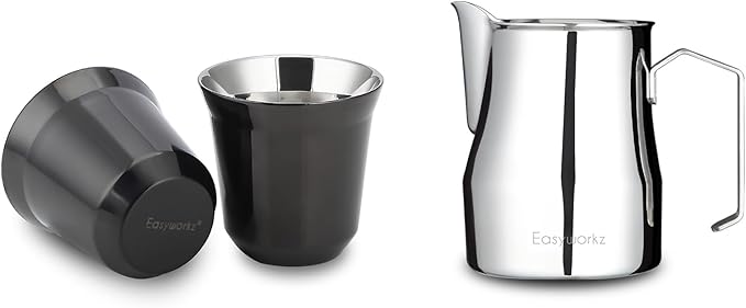 Easyworkz Stainless Steel Espresso Cup 2pcs Set Double Wall 5 oz, Bundled Espresso Steaming Pitcher Stainless Steel 12 oz Coffee Frothing Picther Milk Jug Cappuccino Latte Art Cup
