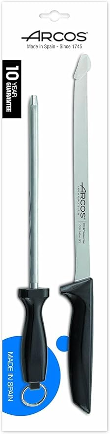 Arcos 2 Piece Carving Knife Set. Ham Slicer Knife and Chaira Sharpener in Stainless Steel with Ergonomic Polypropylene Handle. Series Niza. Color Black
