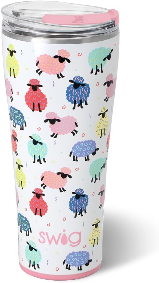 Swig Life 32oz Insulated Tumbler, Travel Coffee Tumbler with Lid, Cup Holder Friendly Travel Coffee Mug, Stainless Steel, 32 oz, Reusable Insulated Mug with Lid (Counting Sheep)